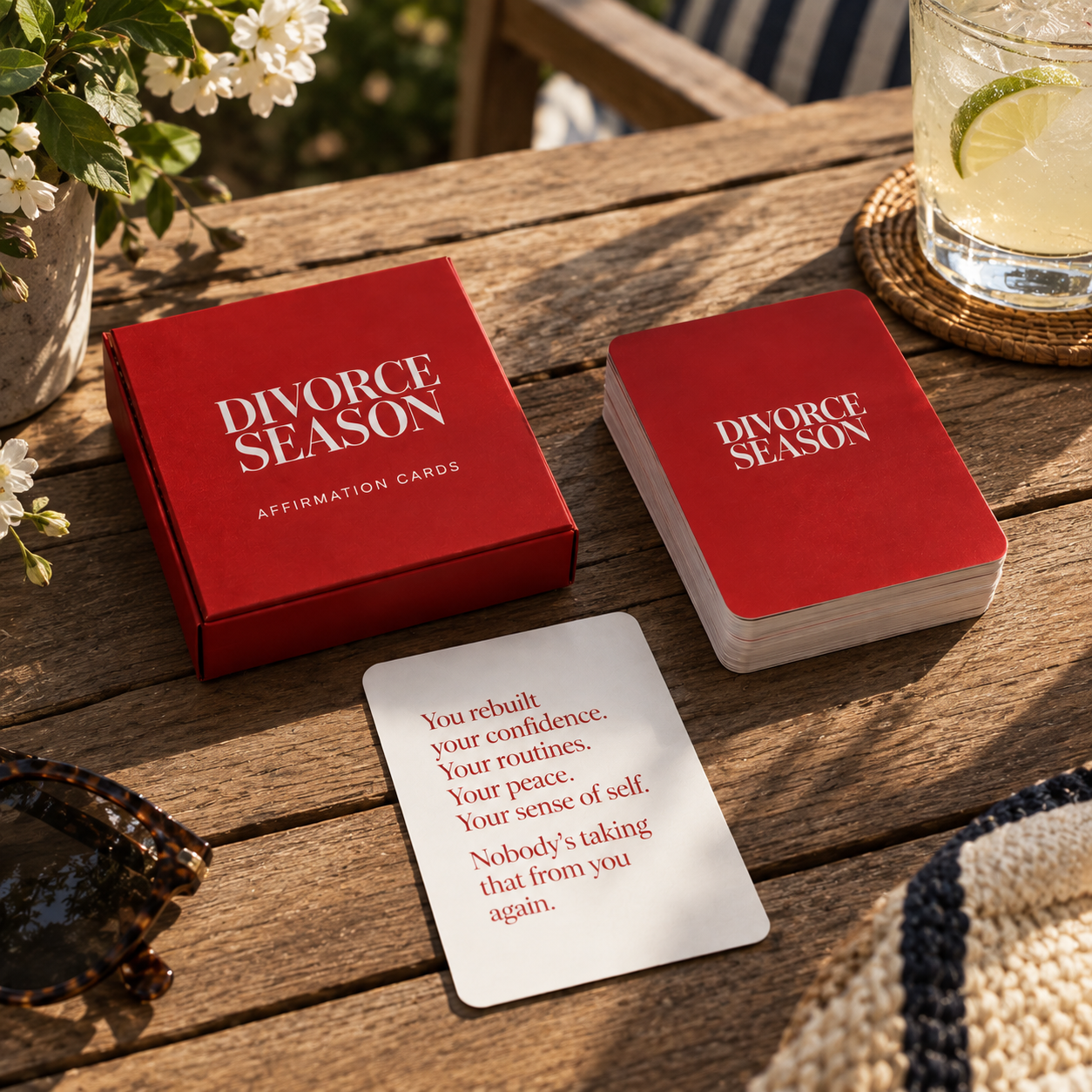 Divorce Season affirmation cards on a wooden table